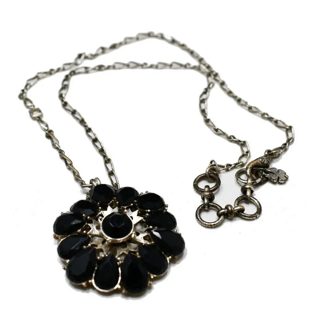 Lucky Brand Black Rhinestone Flower Pendant Necklace, 18 Inches, Distressed